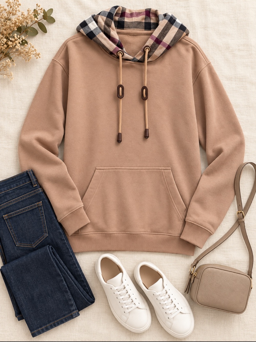 Burberry Tan Hoodie with Signature Check Lined Hood. NWT